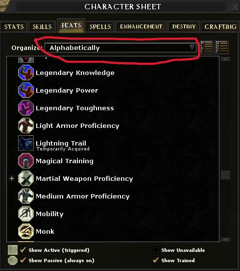 A character sheet interface from a fantasy RPG game shows a dropdown menu labeled 'Organized:' with 'Alphabetically'…