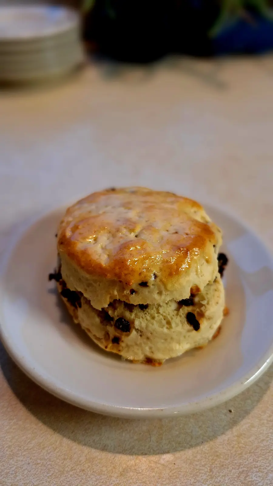 A close-up photo shows a golden-brown, split scone with visible raisins, resting on a small white plate. The scone appears…