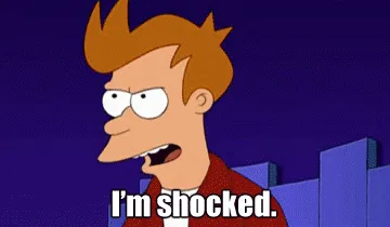 Six panels show the animated character Fry from Futurama with progressively less shocked facial expressions. The text…