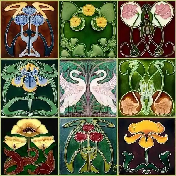 A grid of nine Art Nouveau style decorative tiles, each featuring stylized floral patterns, swans, or abstract organic forms…