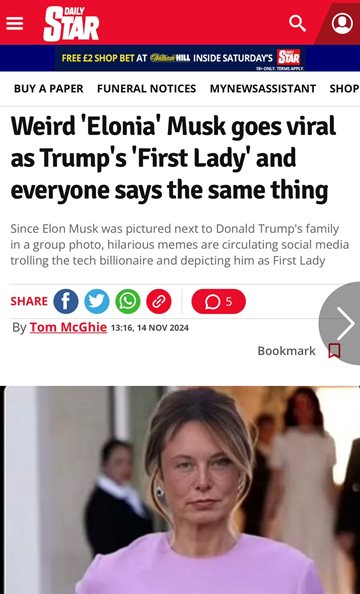 A screenshot of a Daily Star news article with the headline 'Weird 'Elonia' Musk goes viral as Trump's 'First Lady' and…