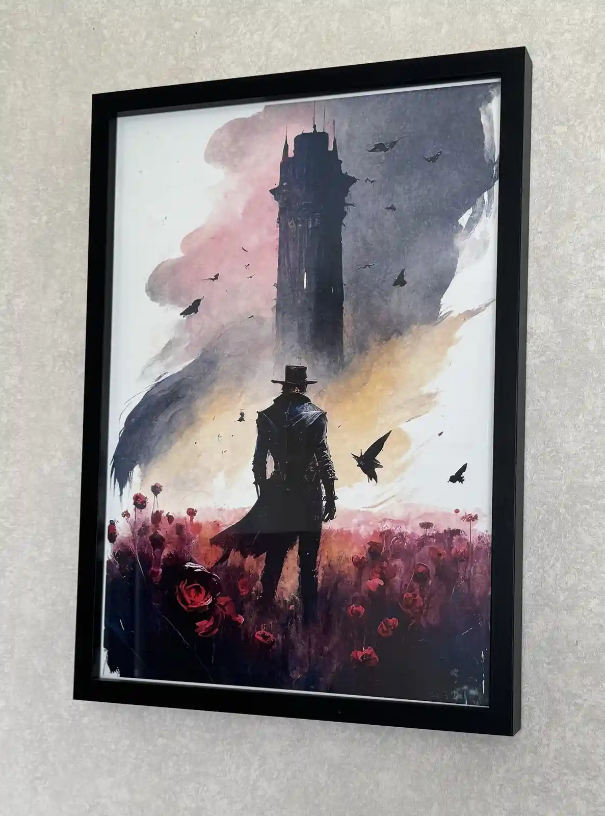 A framed painting depicts a dark, gothic-style illustration of a man in a top hat and long coat standing in a field of red…