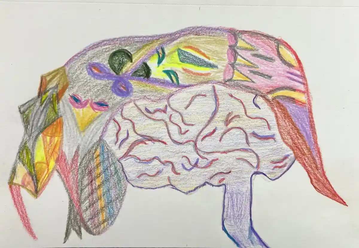 A colorful crayon drawing depicts a human brain with abstract, vibrant patterns and shapes replacing the typical brain…