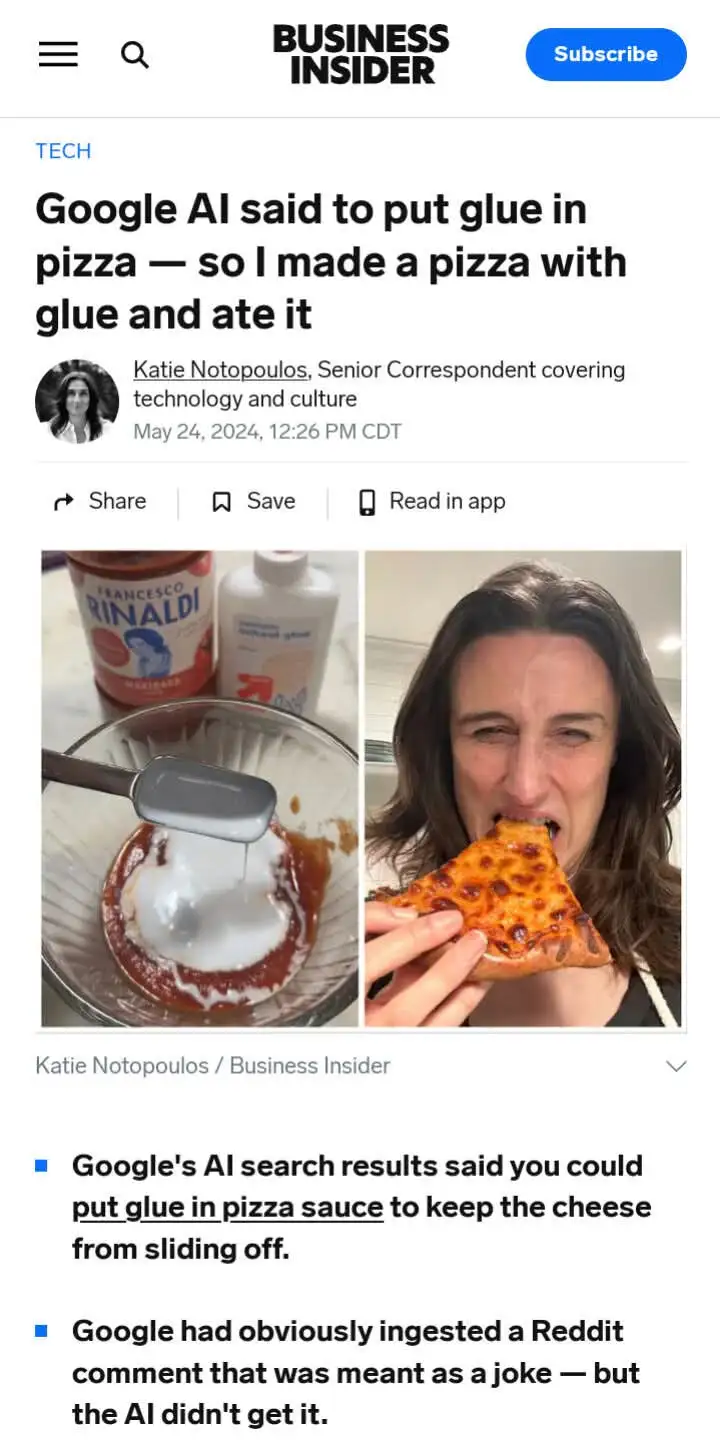 A split image shows a bowl with pizza sauce and white school glue being mixed, next to a woman grimacing while eating a…