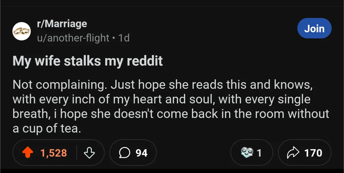 A screenshot of a Reddit post from r/Marriage shows a user named u/another-flight sharing that their wife stalks their…