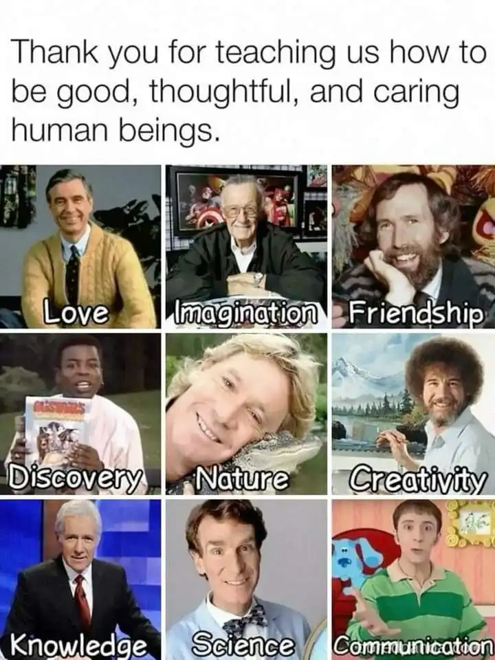 A grid of nine photos of famous people, each labeled with a value: Love (Fred Rogers), Imagination (Stan Lee), Friendship…