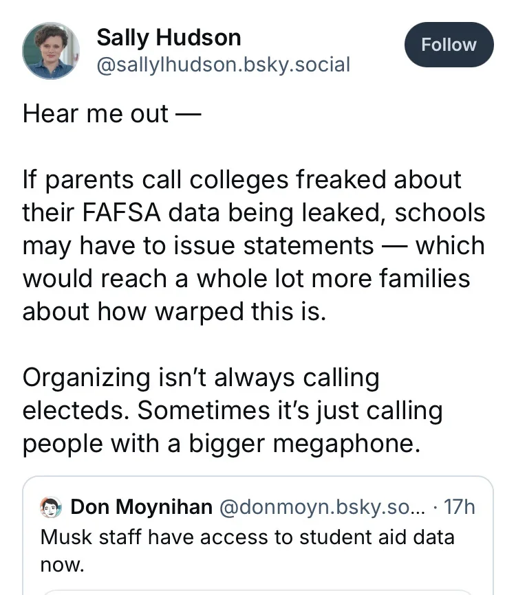 A screenshot of a social media post by Sally Hudson, who argues that parents should call colleges about leaked FAFSA data…