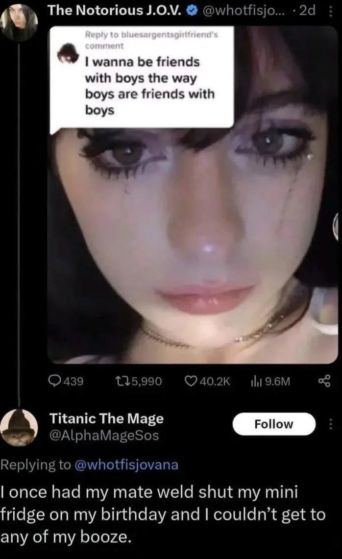A screenshot of a Twitter post showing a close-up of a woman with dramatic makeup and tears streaming down her face…