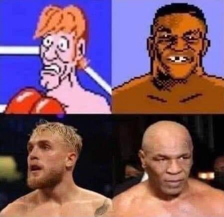 A four-panel meme grid shows two pixelated video game boxers in the top row, one looking terrified and the other smirking…