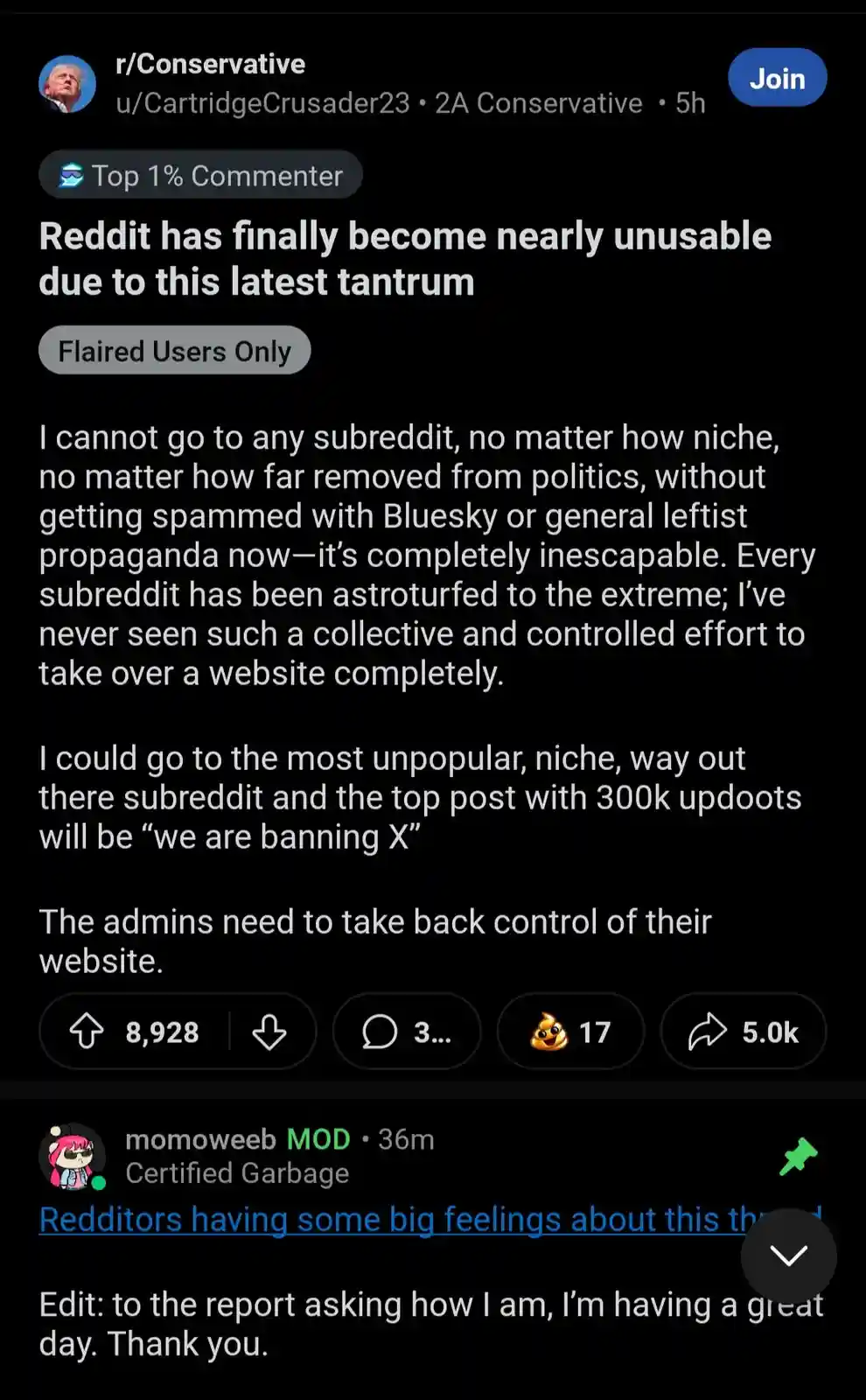 A screenshot of a Reddit post from r/Conservative where a user laments that every subreddit is now flooded with leftist…