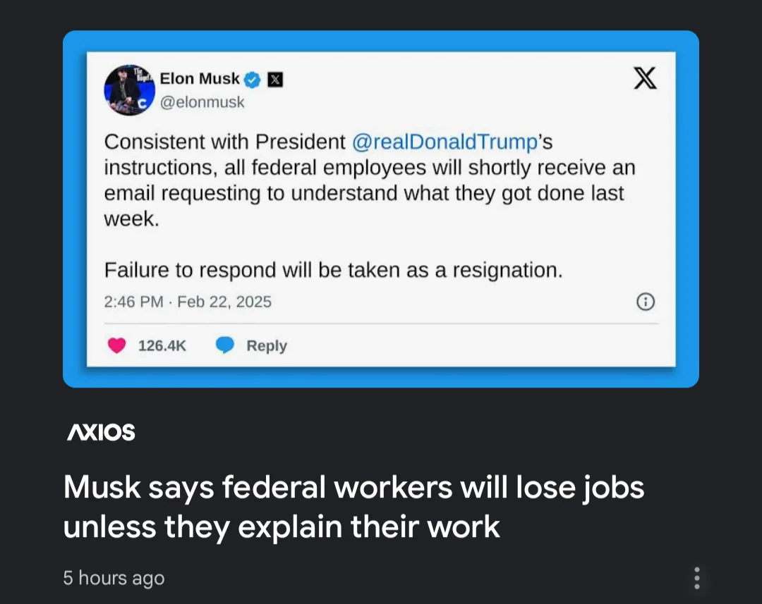 A screenshot of a fake X (formerly Twitter) post attributed to Elon Musk, which reads that federal employees must explain…
