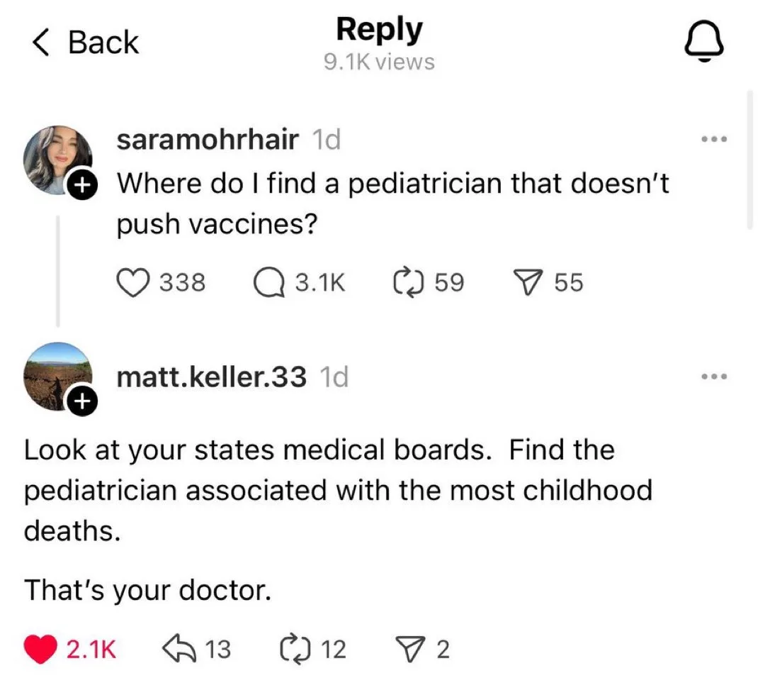 A screenshot of a social media reply thread shows a user asking where to find a pediatrician who doesn't push vaccines…