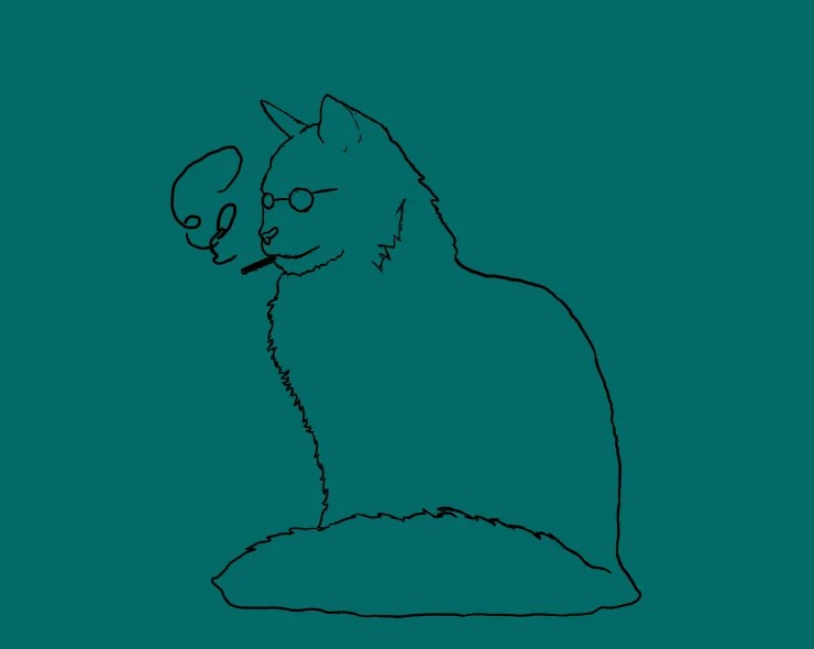A simple black line drawing on a teal background shows a cat sitting upright, wearing round glasses, and smoking a…