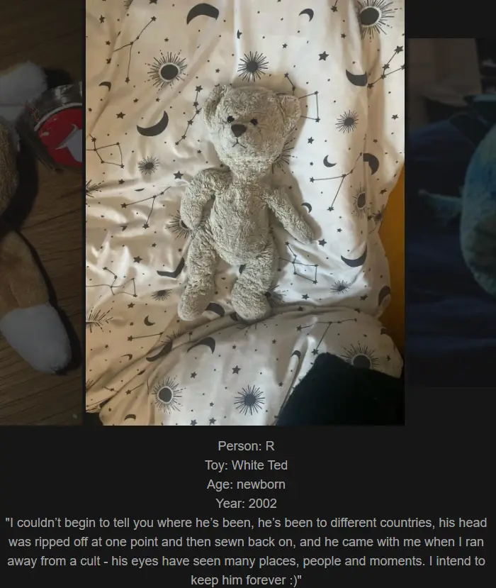 A worn, light-colored teddy bear sits on a white bedspread decorated with black stars, moons, and constellations. Overlaid…