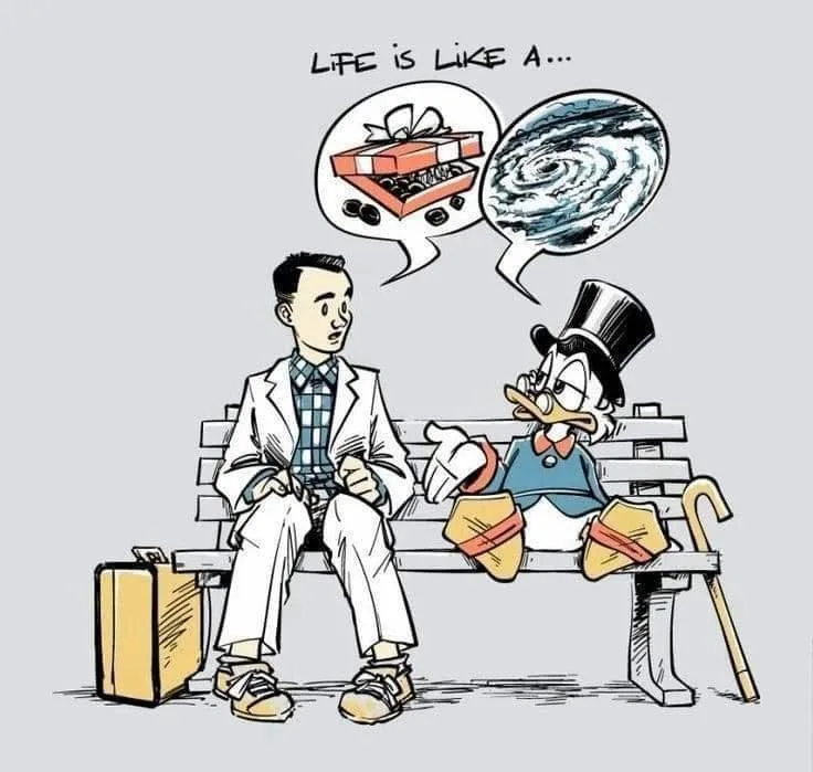 A cartoon depicts Scrooge McDuck, wearing a top hat and holding a cane, sitting on a bench and speaking to a young man in a…