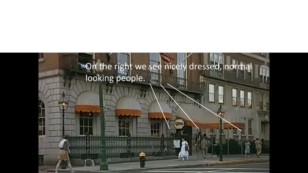 A street scene with people walking on a sidewalk in front of a building with awnings. White text overlaid says 'On the right…