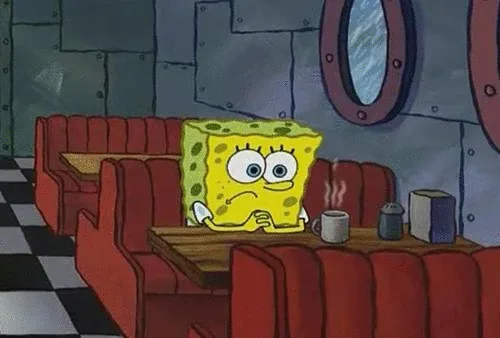 The image shows four panels of SpongeBob SquarePants sitting alone at a diner booth, looking increasingly sad and…