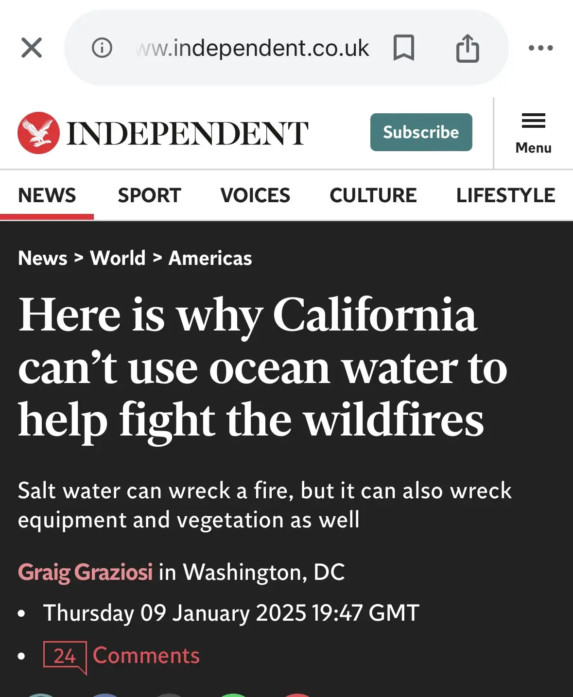 A screenshot of a news article from the Independent website, showing a headline that reads 'Here is why California can't use…