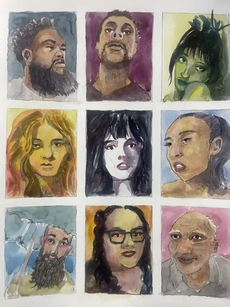 A grid of nine watercolor portraits depicting diverse individuals with varied appearances, expressions, and backgrounds…