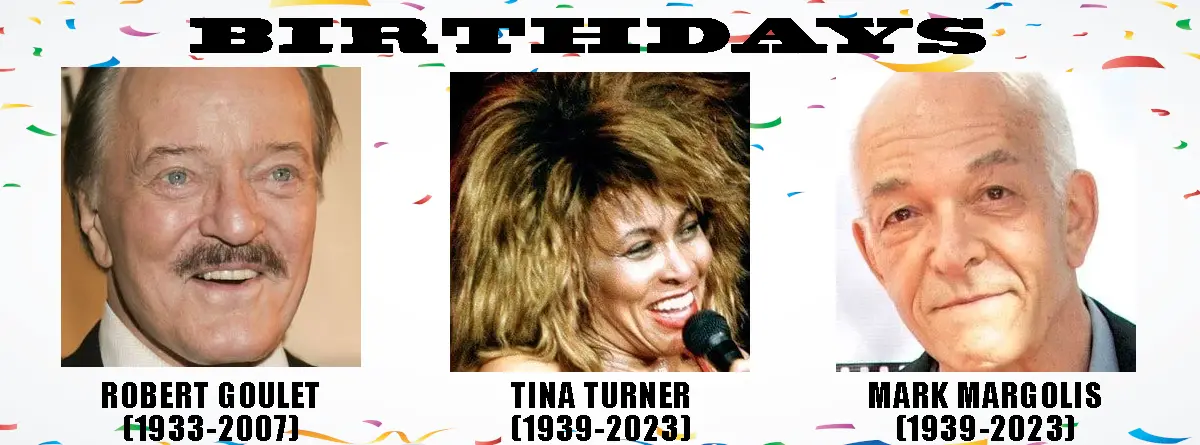 A celebratory birthday meme template with confetti background and three headshots: Robert Goulet (1933-2007), Tina Turner…