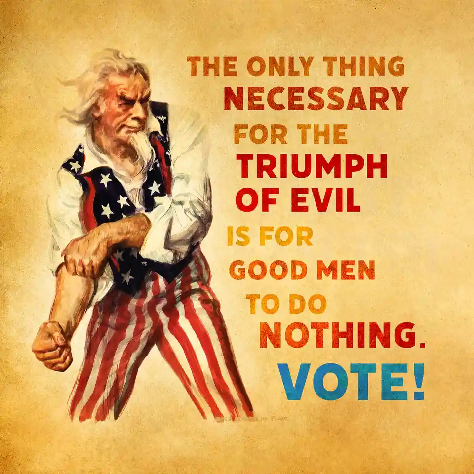 A vintage-style illustration of Uncle Sam, draped in the American flag, stands with a stern expression and clenched fist…