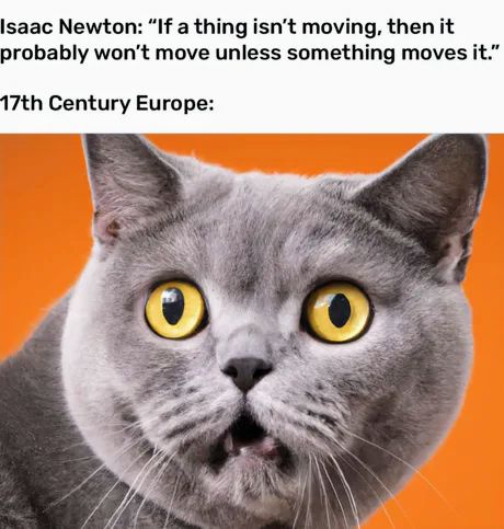 A close-up image of a grey cat with wide, yellow eyes and an open mouth, looking shocked or surprised, set against a solid…