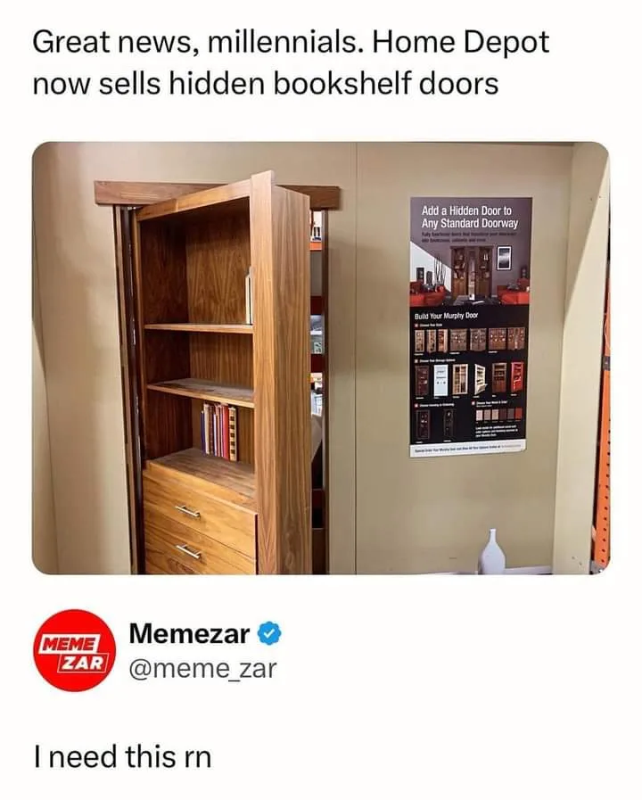 An image shows a wooden bookshelf with a door that opens to reveal shelves and drawers, set against a beige wall. To the…