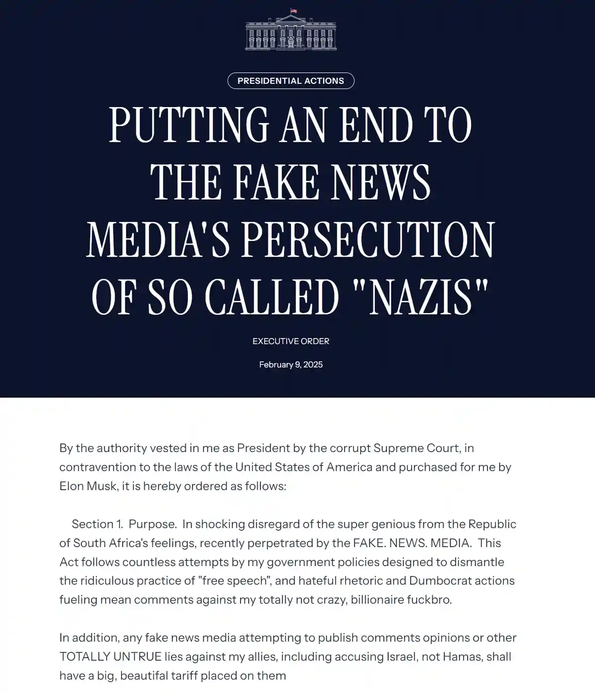 An image mimicking a formal U.S. government executive order document, featuring the White House logo and 'PRESIDENTIAL…