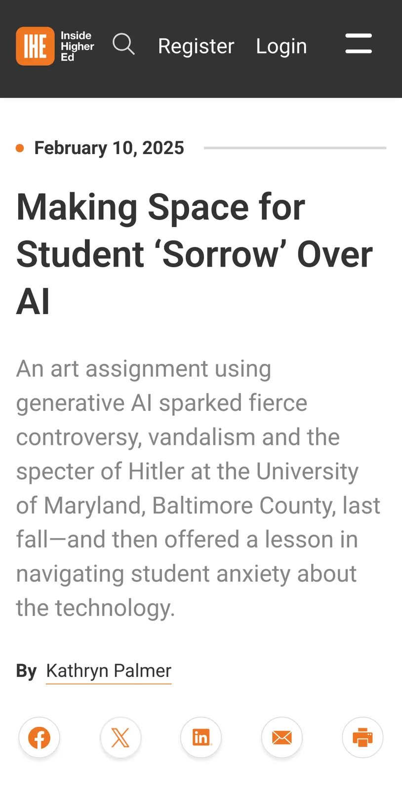 A screenshot of a news article from 'Inside Higher Ed' dated February 10, 2025, with the headline 'Making Space for Student…