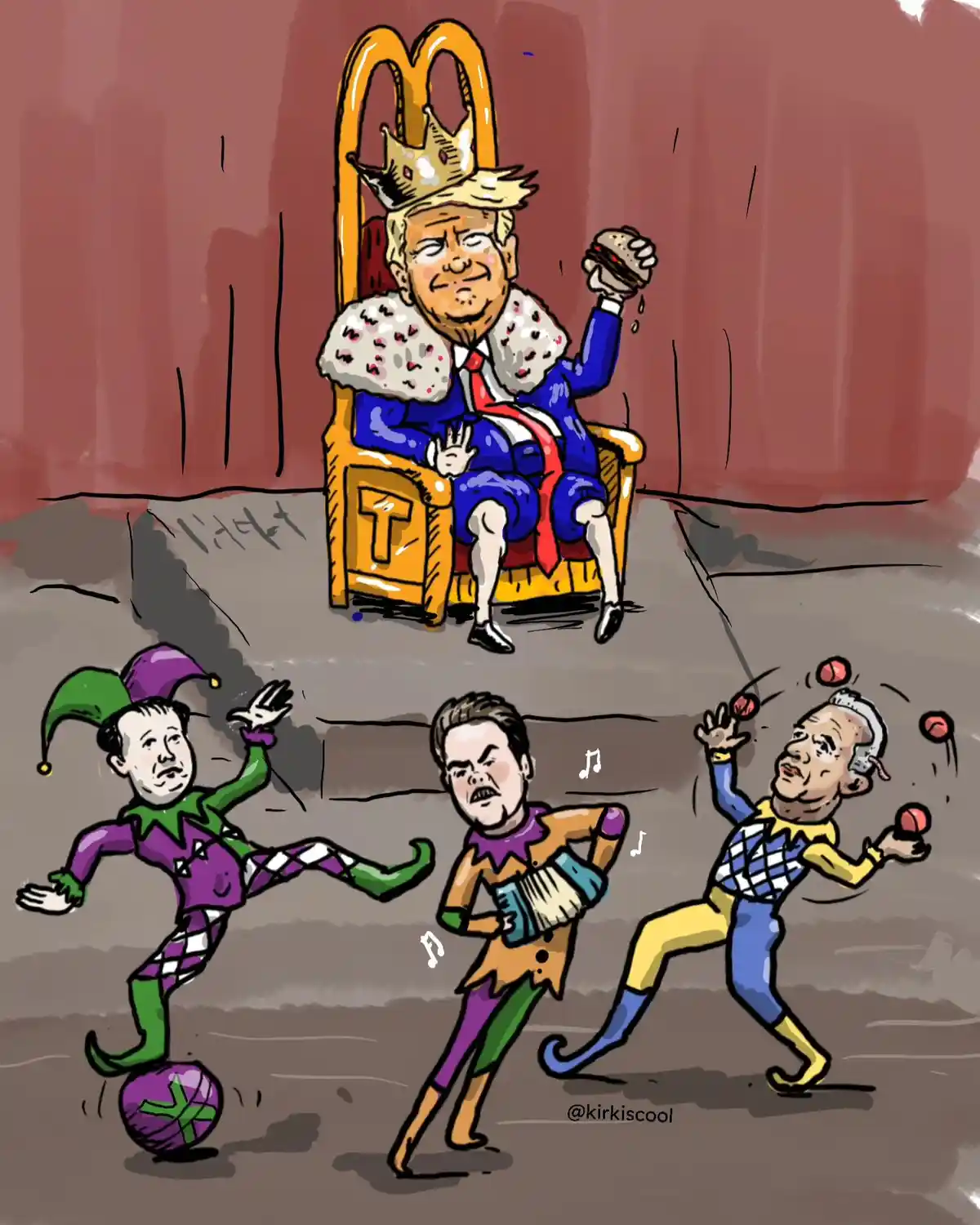 A cartoon depicts a caricature of Donald Trump seated on a golden throne shaped like a McDonald's arch, wearing a crown and…