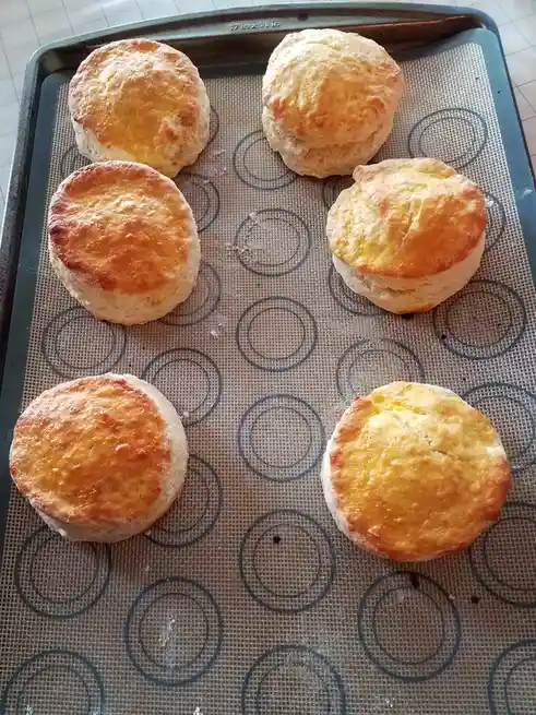 Six golden-brown, round biscuits sit on a silicone baking mat placed on a metal baking sheet. The biscuits are evenly spaced…