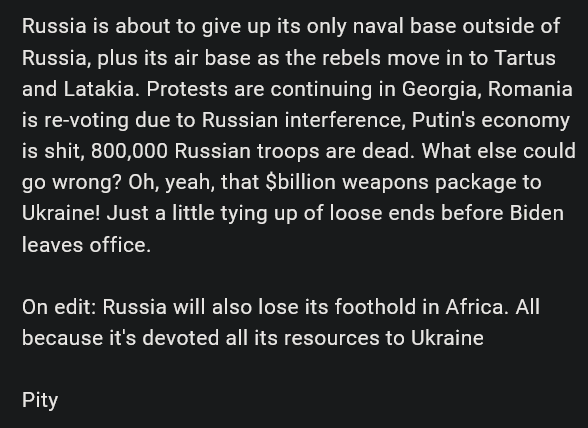 A black background with white text listing a series of escalating hypothetical failures for Russia, including losing naval…