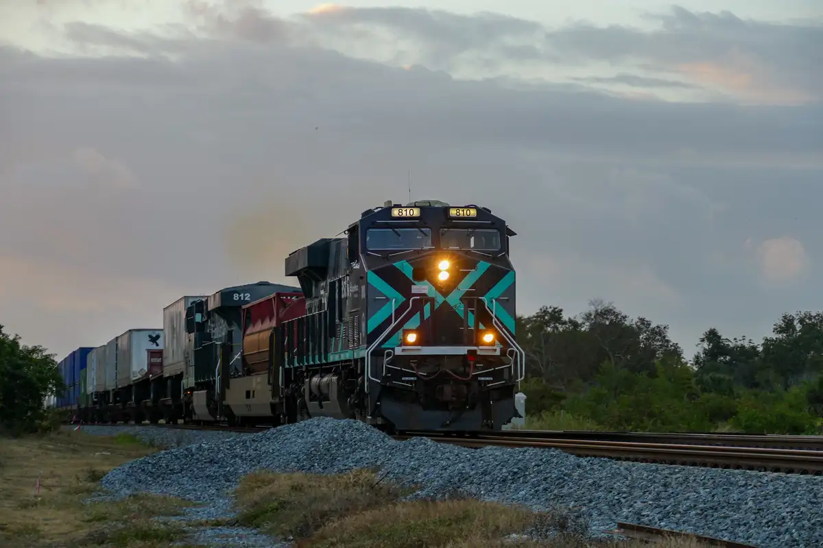 A freight train with locomotive number 810 leads a long line of cargo cars on tracks at dusk, with trees and cloudy sky in…