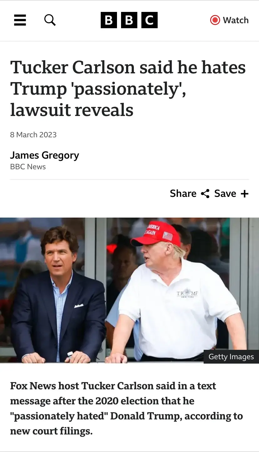 A screenshot of a BBC News article from March 8, 2023, by James Gregory, featuring a photo of Tucker Carlson and Donald…