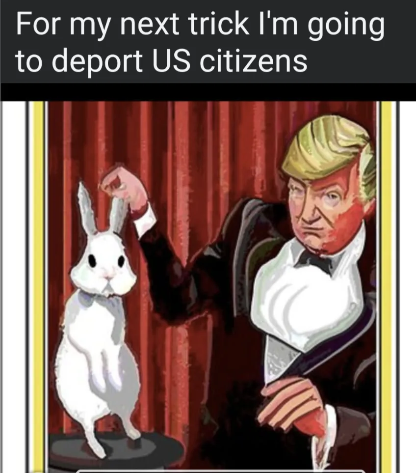 A cartoon image shows a man in a tuxedo, resembling Donald Trump, holding a white rabbit by its ears on a stage with red…
