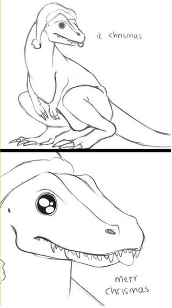 A two-panel black-and-white sketch shows a dinosaur wearing a Santa hat in the top panel with the text 'it chrismas' and a…