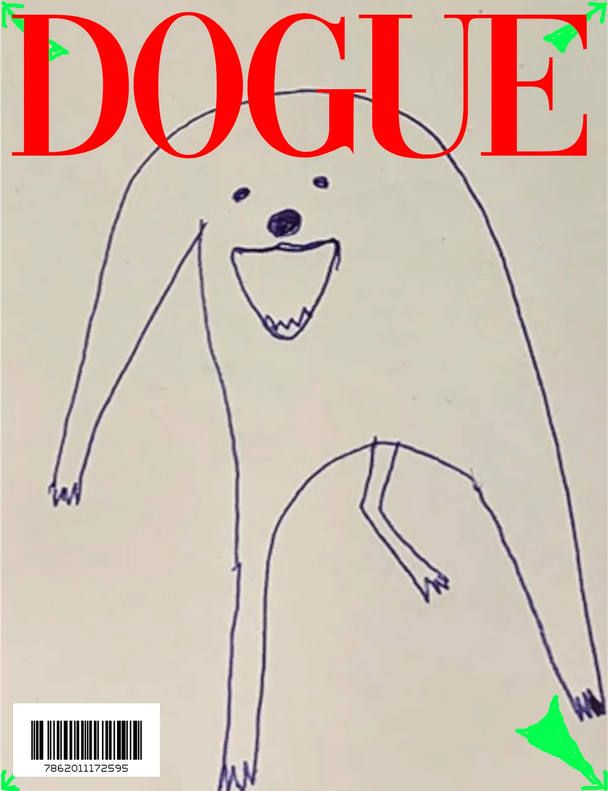 A crudely drawn, stick-figure style dog with a wide, toothy grin and long limbs is depicted on a beige background. Large red…