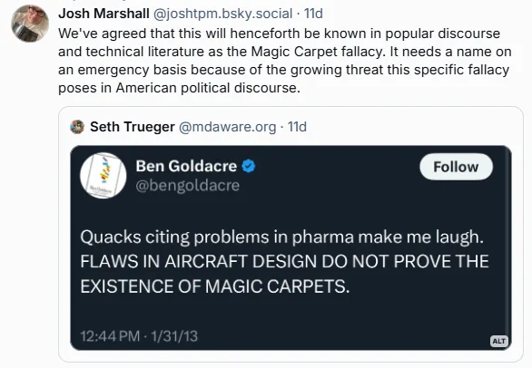 A screenshot of a tweet by Ben Goldacre, which reads: 'Quacks citing problems in pharma make me laugh. FLAWS IN AIRCRAFT…