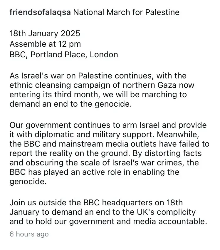 A screenshot of a social media post from 'friendsofalaqsa' announcing a 'National March for Palestine' scheduled for January…
