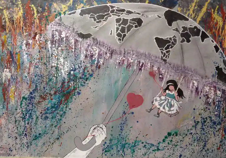 An abstract painting shows a hand holding a sword that pierces a globe, with a girl in a dress swinging on a swing attached…
