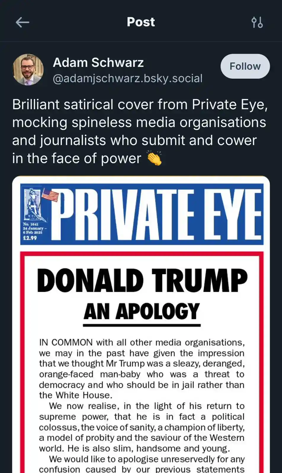 The image displays a satirical mock cover of the British magazine 'Private Eye', dated January 24–February 6, 2025. The…
