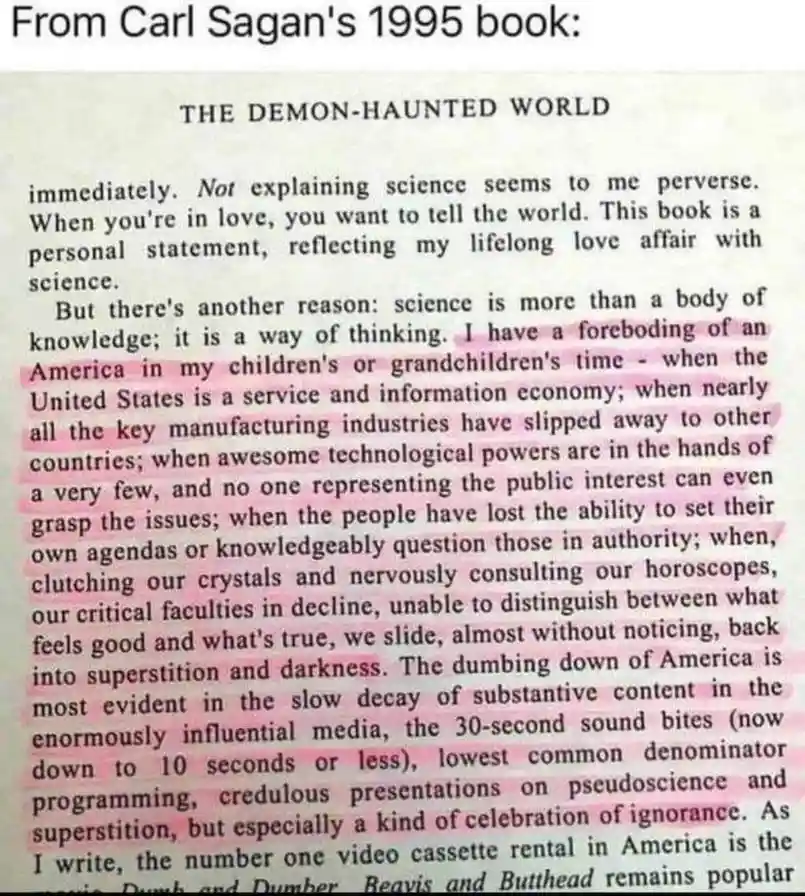 A screenshot of a page from Carl Sagan's 1995 book 'The Demon-Haunted World' with a long paragraph of text. A section of the…