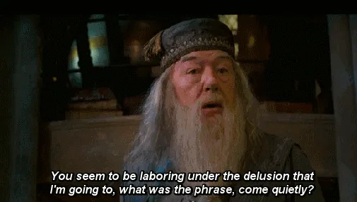 The image shows six identical frames of Albus Dumbledore from the Harry Potter movies, each displaying the same overlaid…