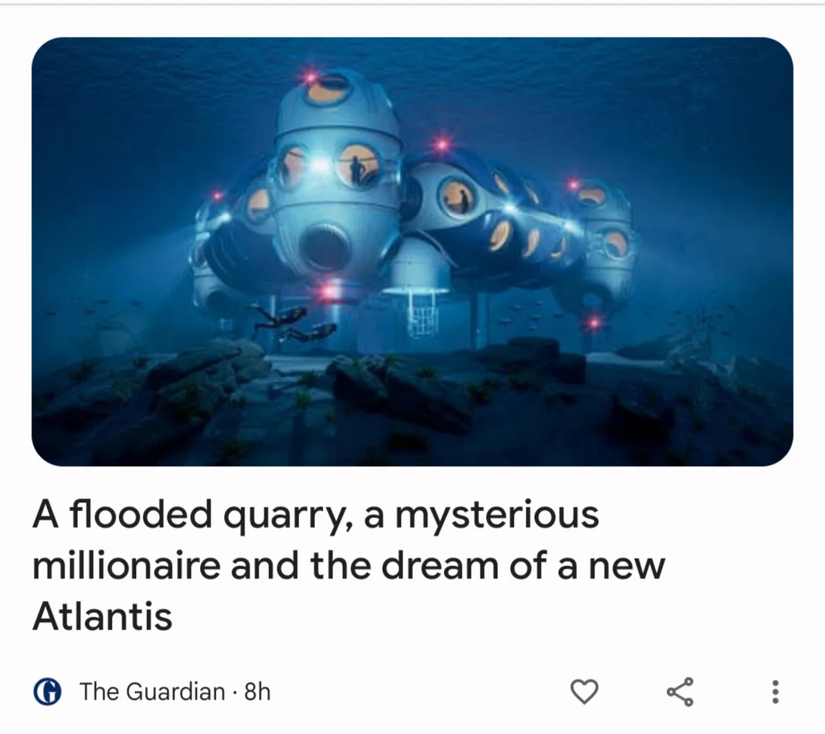 An underwater image shows a futuristic, multi-cylinder habitat with glowing windows and red lights, resting on a rocky…