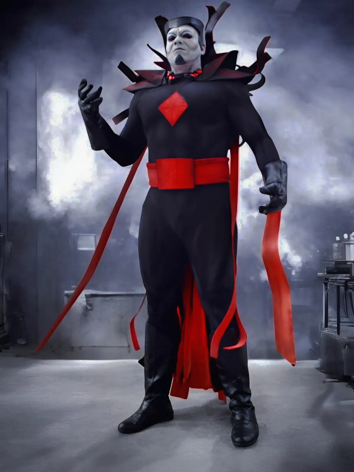 A person in a full-body black costume with red accents, including a diamond emblem on the chest, a red belt, and flowing red…