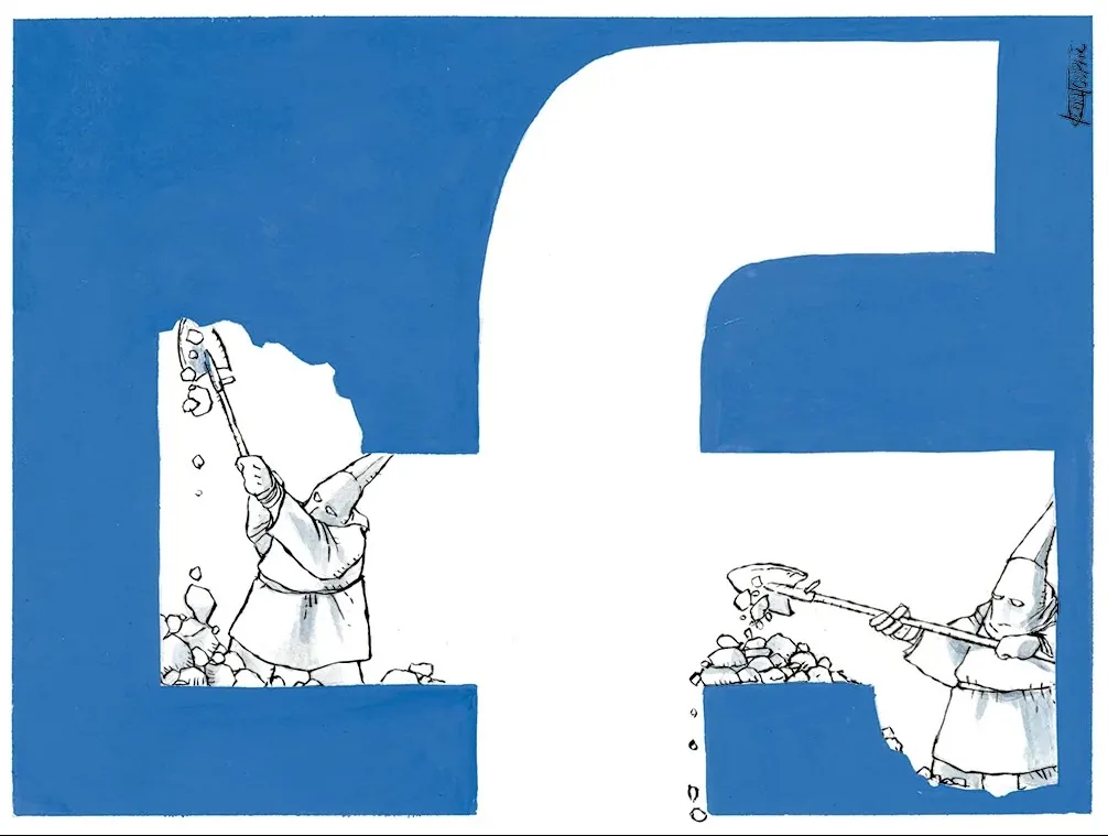 A cartoon depicts two dwarves working inside the large blue Facebook 'f' logo. The dwarf on the left is digging upward with…