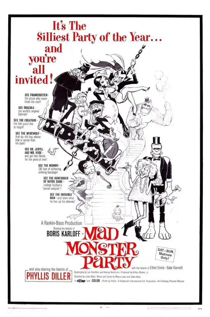 This is a vintage movie poster for 'Mad Monster Party,' featuring a chaotic black-and-white illustration of classic monsters…