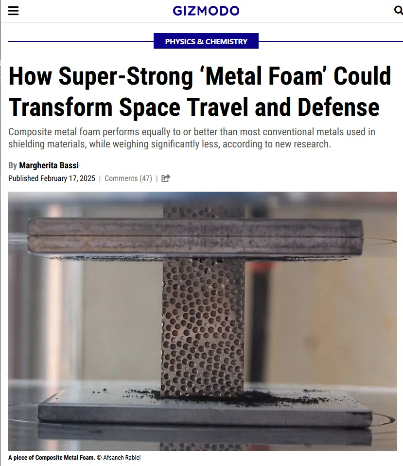 The image shows a Gizmodo article headline about 'metal foam' with a photo of a porous, perforated metal block supporting a…