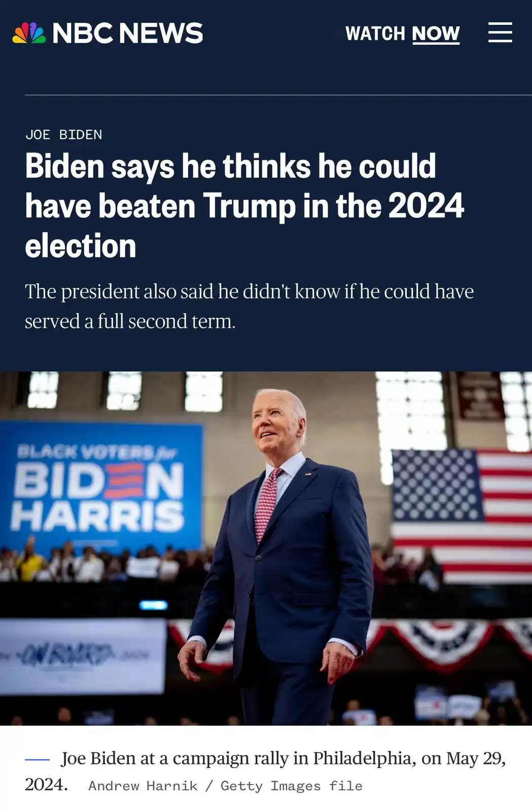 An NBC News article screenshot shows Joe Biden at a campaign rally, with text overlay stating he thinks he could have beaten…