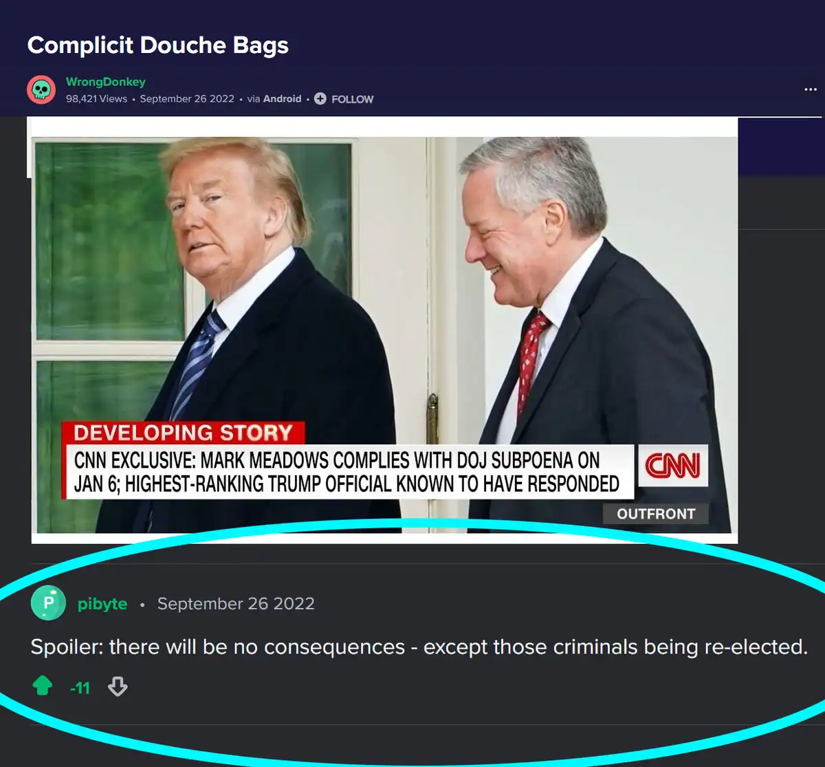 The image shows Donald Trump looking serious while Mark Meadows laughs beside him, overlaid with a CNN news banner stating…